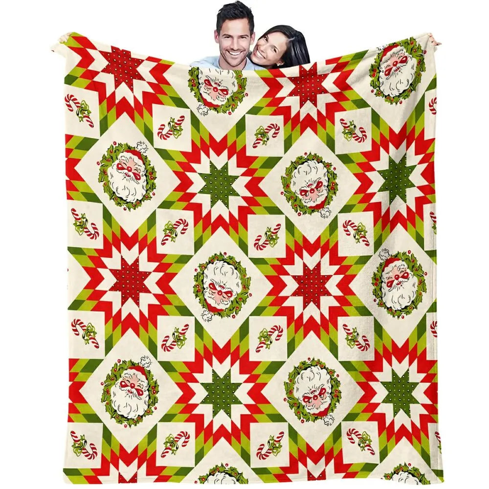 Festive Christmas Quilt Santa Red Green Pattern Multipurpose Throw Blanket