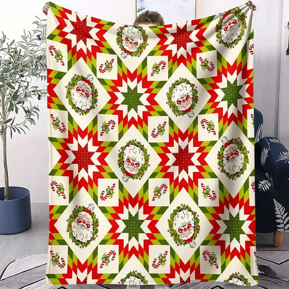 Festive Christmas Quilt Santa Red Green Pattern Multipurpose Throw Blanket