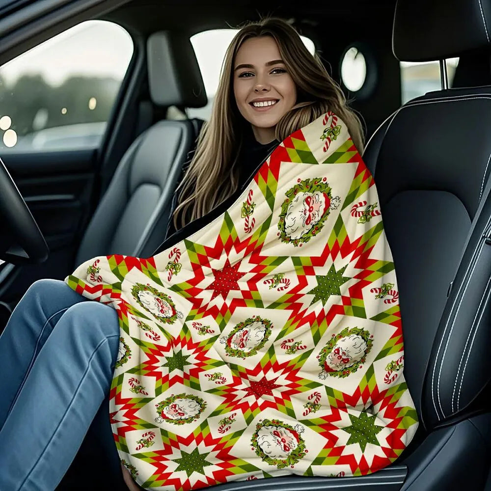 Festive Christmas Quilt Santa Red Green Pattern Multipurpose Throw Blanket