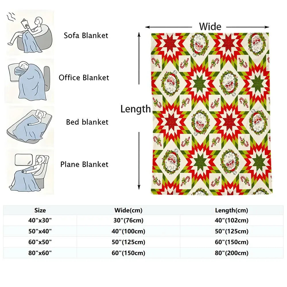 Festive Christmas Quilt Santa Red Green Pattern Multipurpose Throw Blanket
