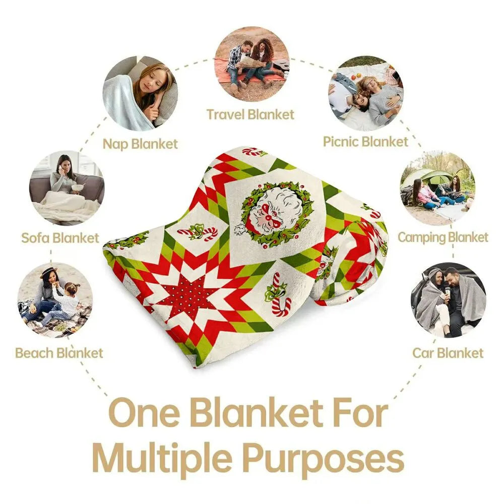 Festive Christmas Quilt Santa Red Green Pattern Multipurpose Throw Blanket