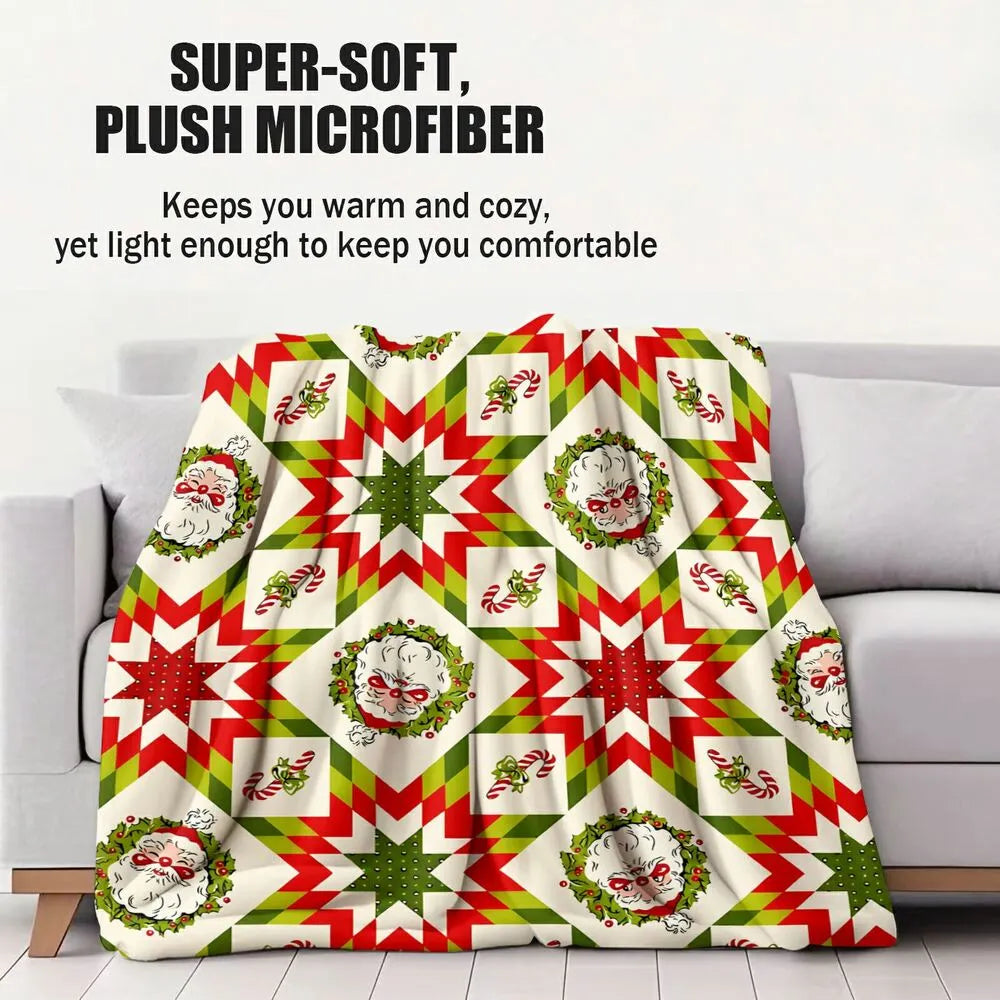 Festive Christmas Quilt Santa Red Green Pattern Multipurpose Throw Blanket