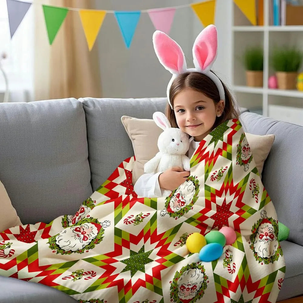 Festive Christmas Quilt Santa Red Green Pattern Multipurpose Throw Blanket