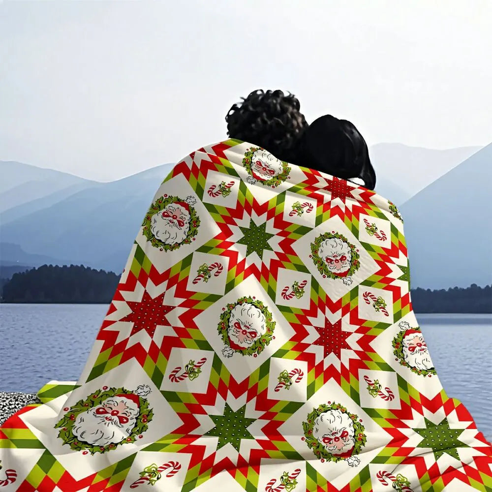 Festive Christmas Quilt Santa Red Green Pattern Multipurpose Throw Blanket