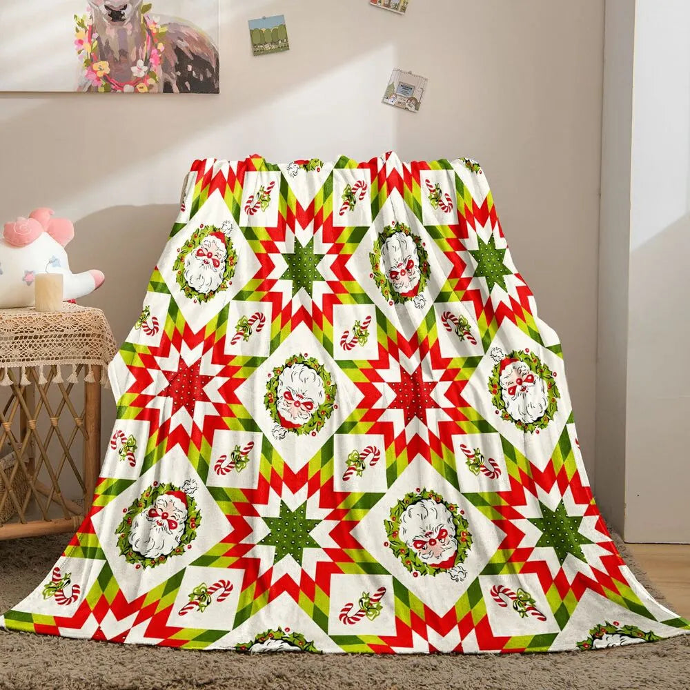 Festive Christmas Quilt Santa Red Green Pattern Multipurpose Throw Blanket