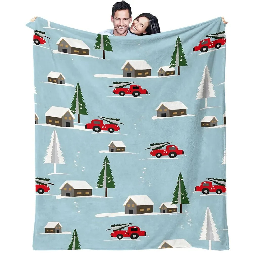 Festive Christmas Red Truck Snowy Scene Light Blue Pattern Multipurpose Throw Blanket