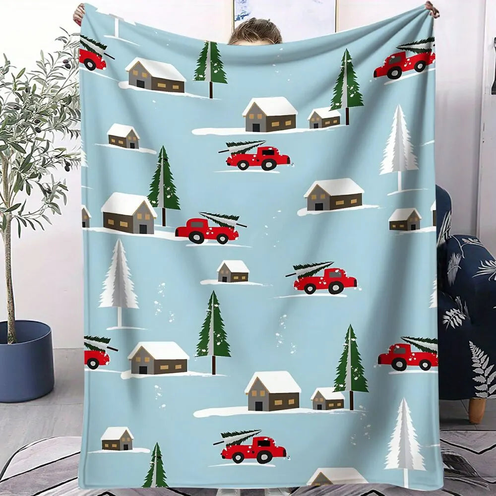 Festive Christmas Red Truck Snowy Scene Light Blue Pattern Multipurpose Throw Blanket