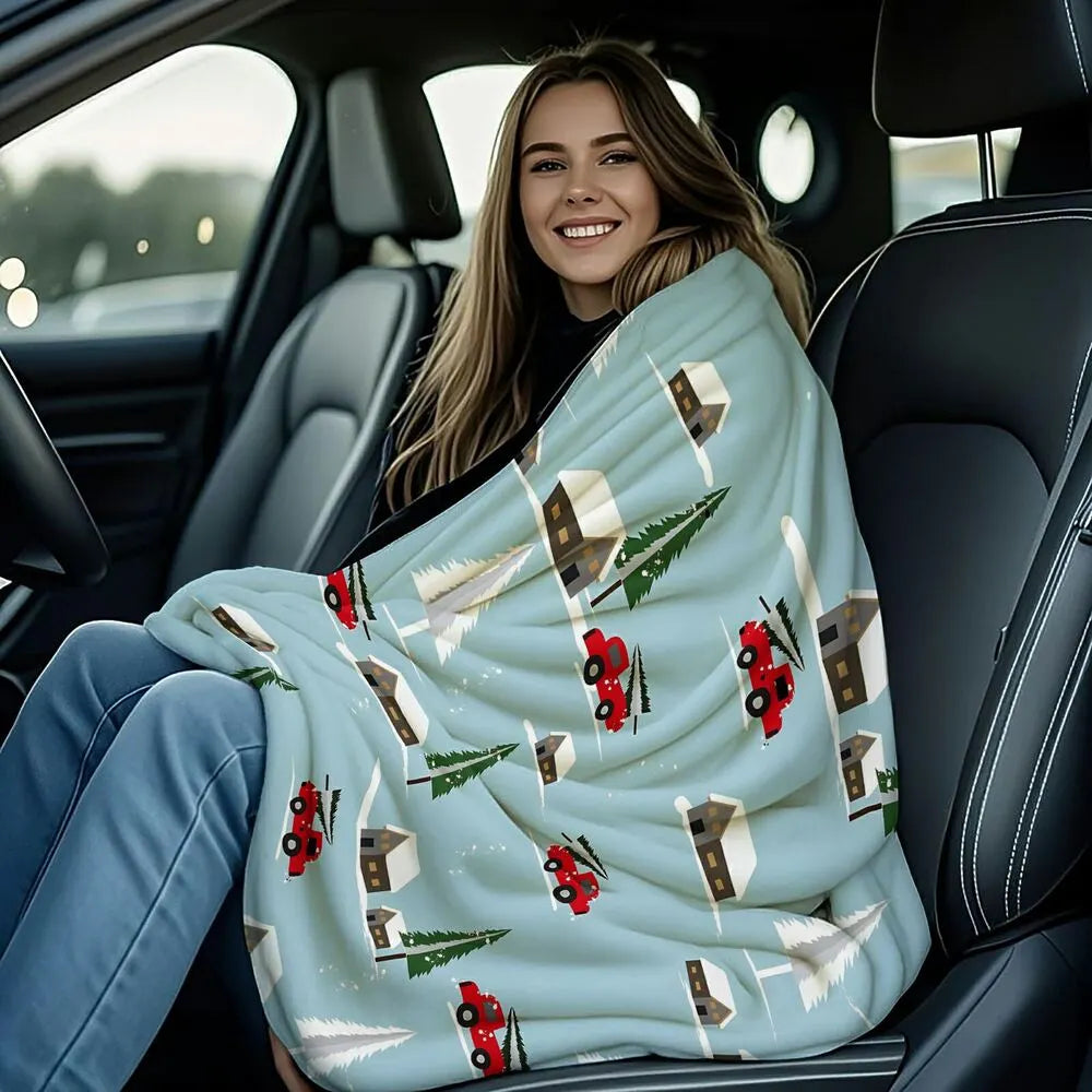 Festive Christmas Red Truck Snowy Scene Light Blue Pattern Multipurpose Throw Blanket