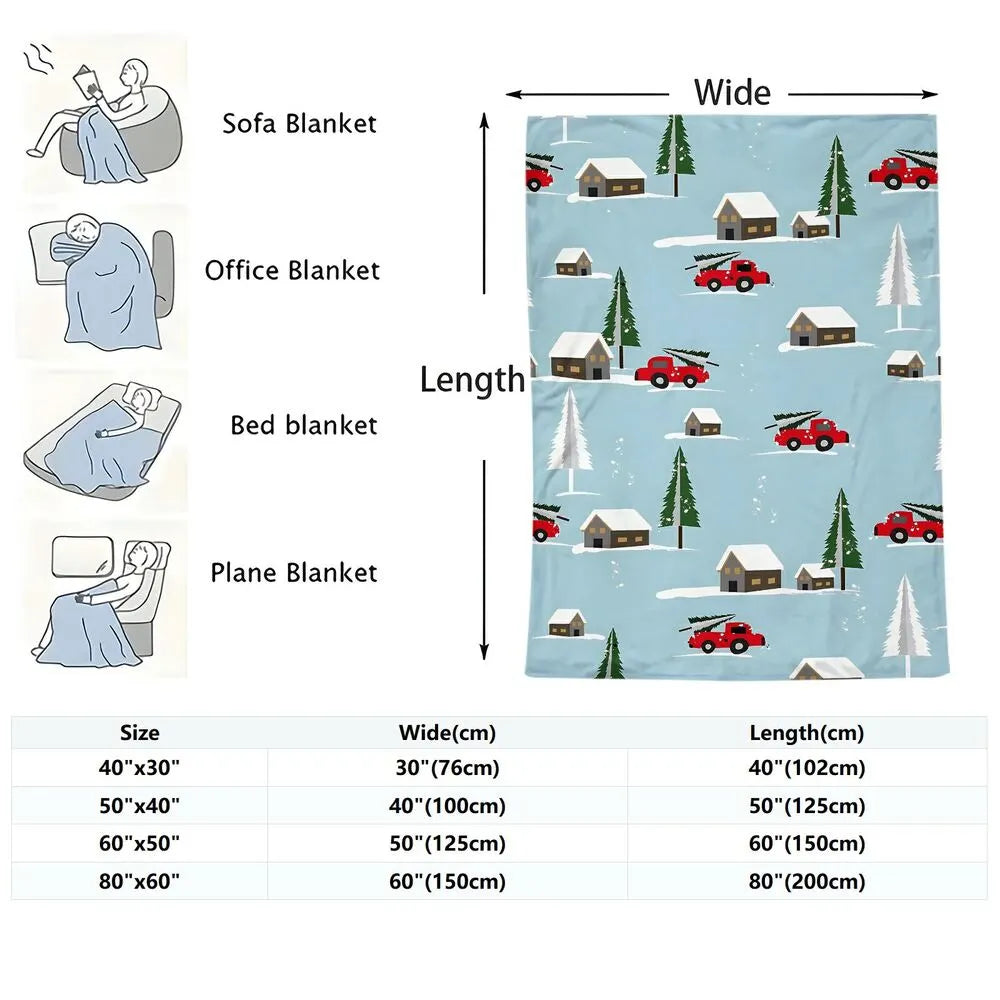 Festive Christmas Red Truck Snowy Scene Light Blue Pattern Multipurpose Throw Blanket
