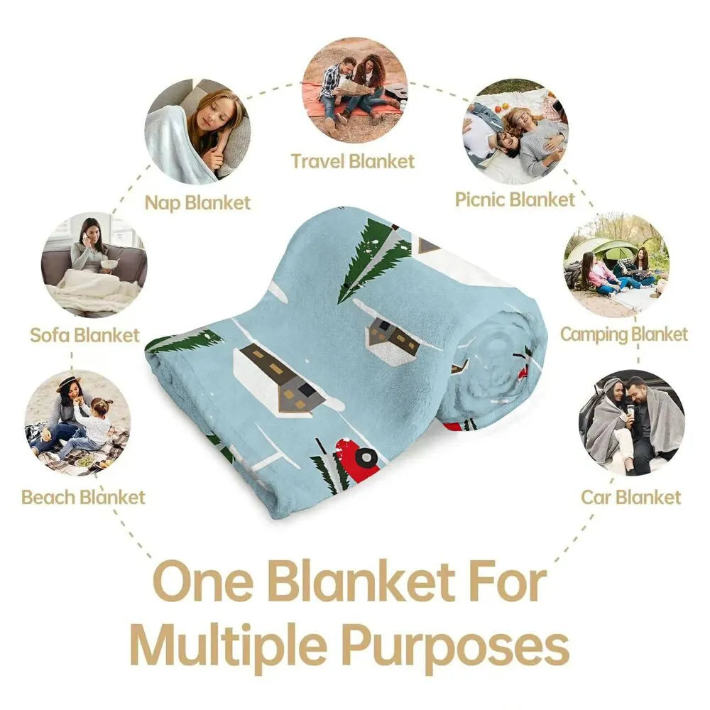 Festive Christmas Red Truck Snowy Scene Light Blue Pattern Multipurpose Throw Blanket