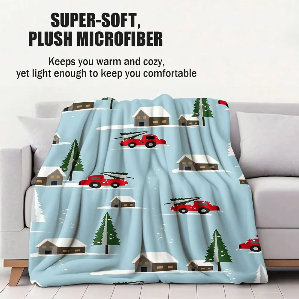Festive Christmas Red Truck Snowy Scene Light Blue Pattern Multipurpose Throw Blanket