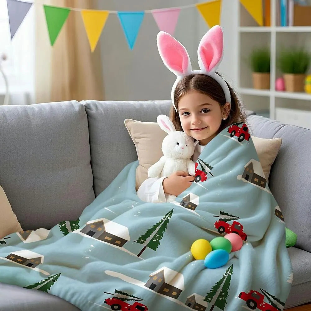 Festive Christmas Red Truck Snowy Scene Light Blue Pattern Multipurpose Throw Blanket