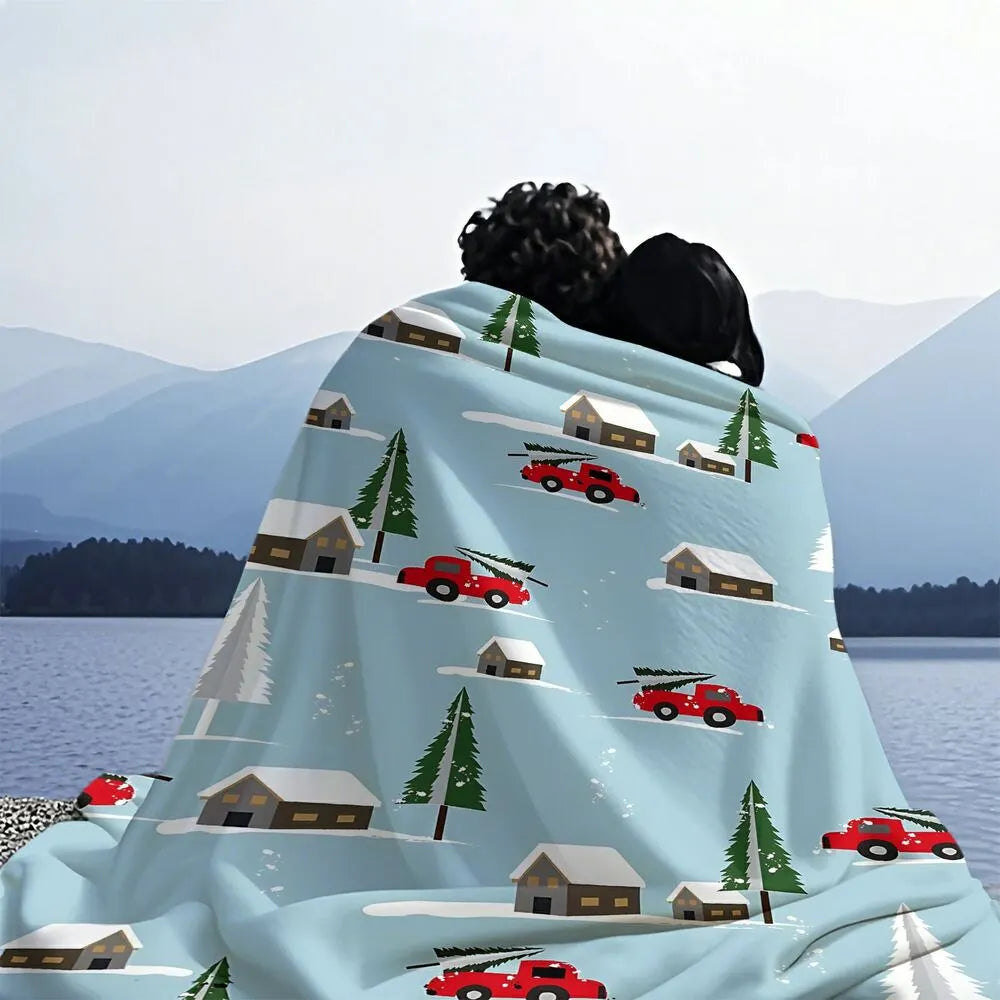 Festive Christmas Red Truck Snowy Scene Light Blue Pattern Multipurpose Throw Blanket