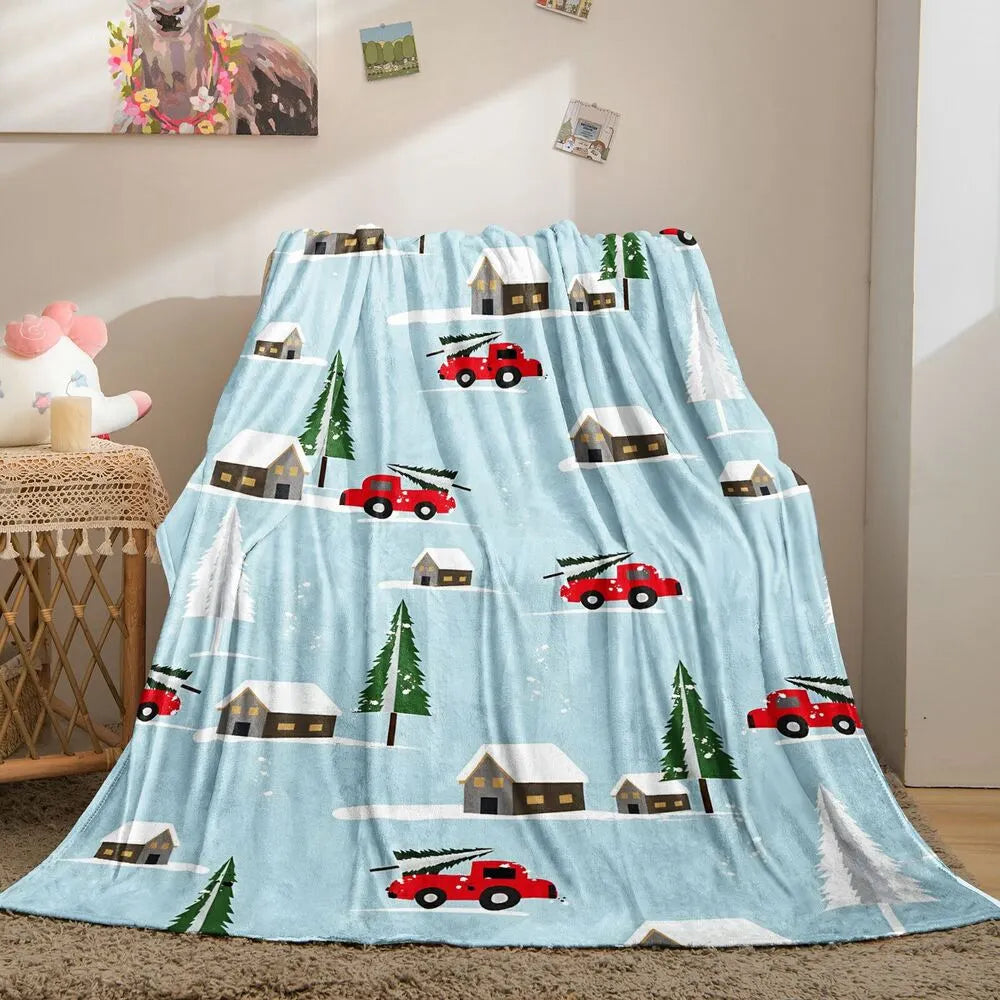 Festive Christmas Red Truck Snowy Scene Light Blue Pattern Multipurpose Throw Blanket