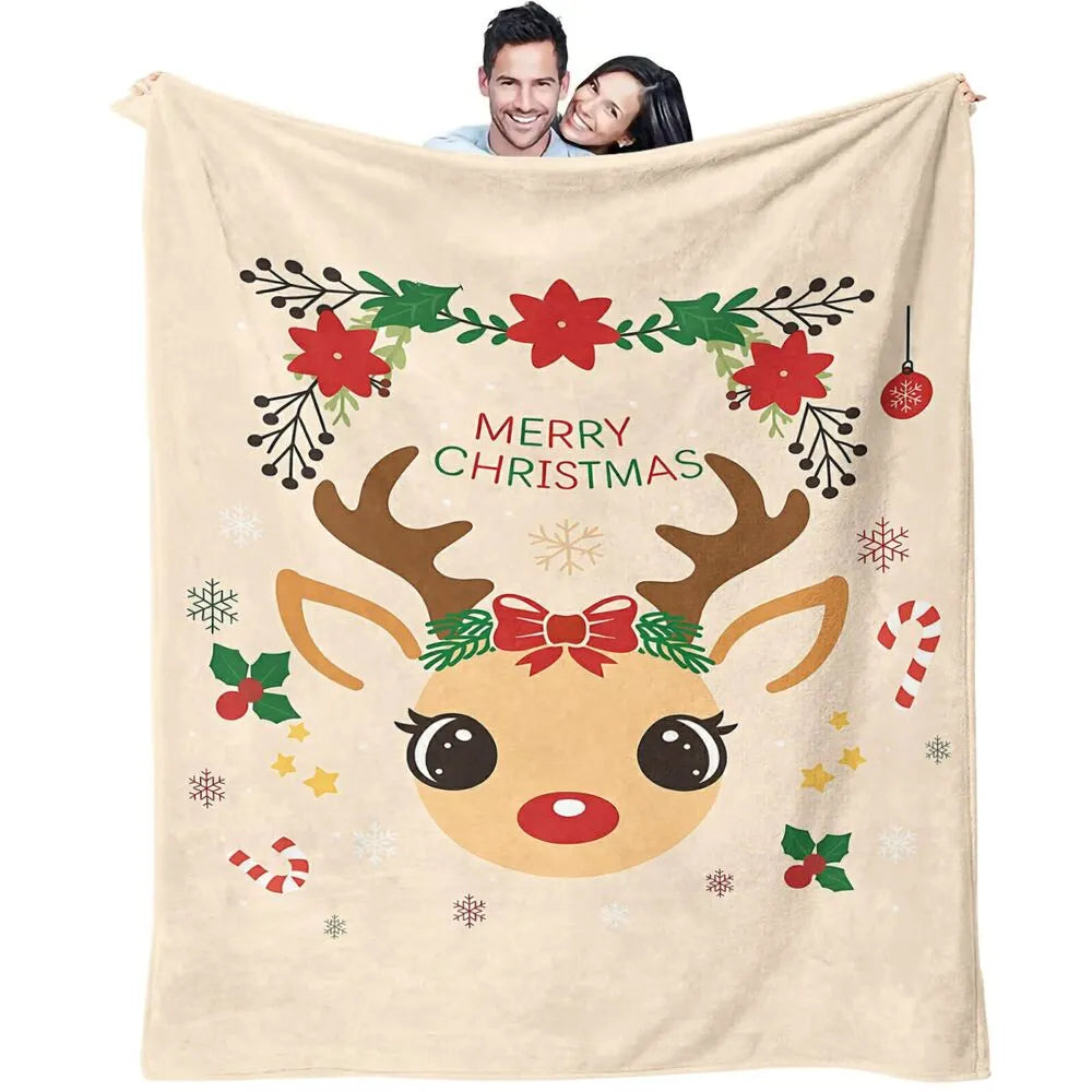Festive Christmas Reindeer Merry Christmas Beige Pattern Multipurpose Throw Blanket