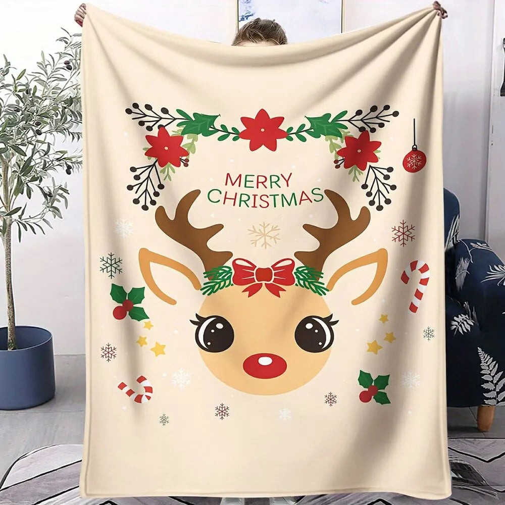 Festive Christmas Reindeer Merry Christmas Beige Pattern Multipurpose Throw Blanket
