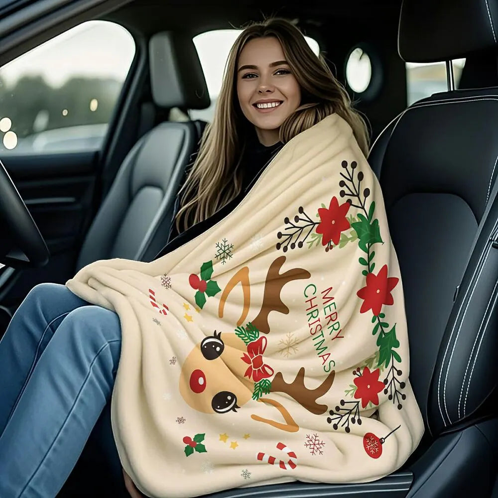 Festive Christmas Reindeer Merry Christmas Beige Pattern Multipurpose Throw Blanket