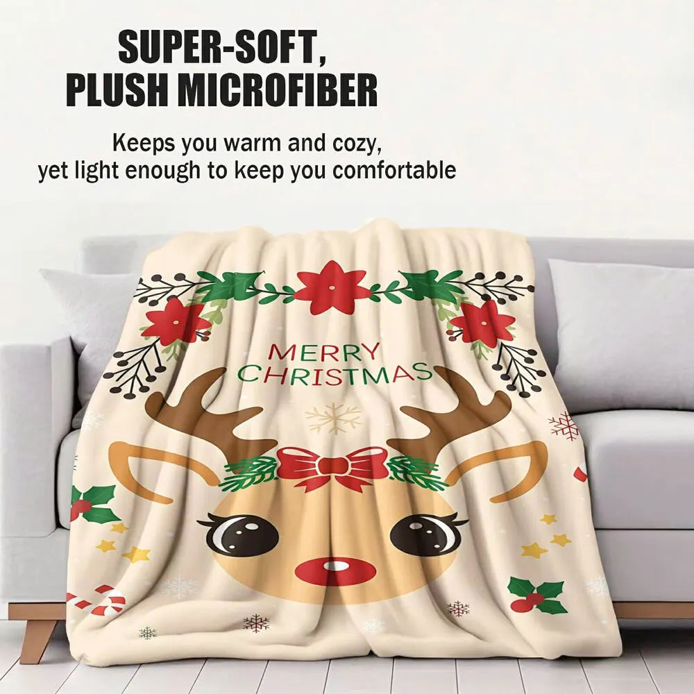 Festive Christmas Reindeer Merry Christmas Beige Pattern Multipurpose Throw Blanket