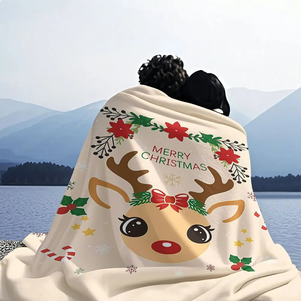 Festive Christmas Reindeer Merry Christmas Beige Pattern Multipurpose Throw Blanket