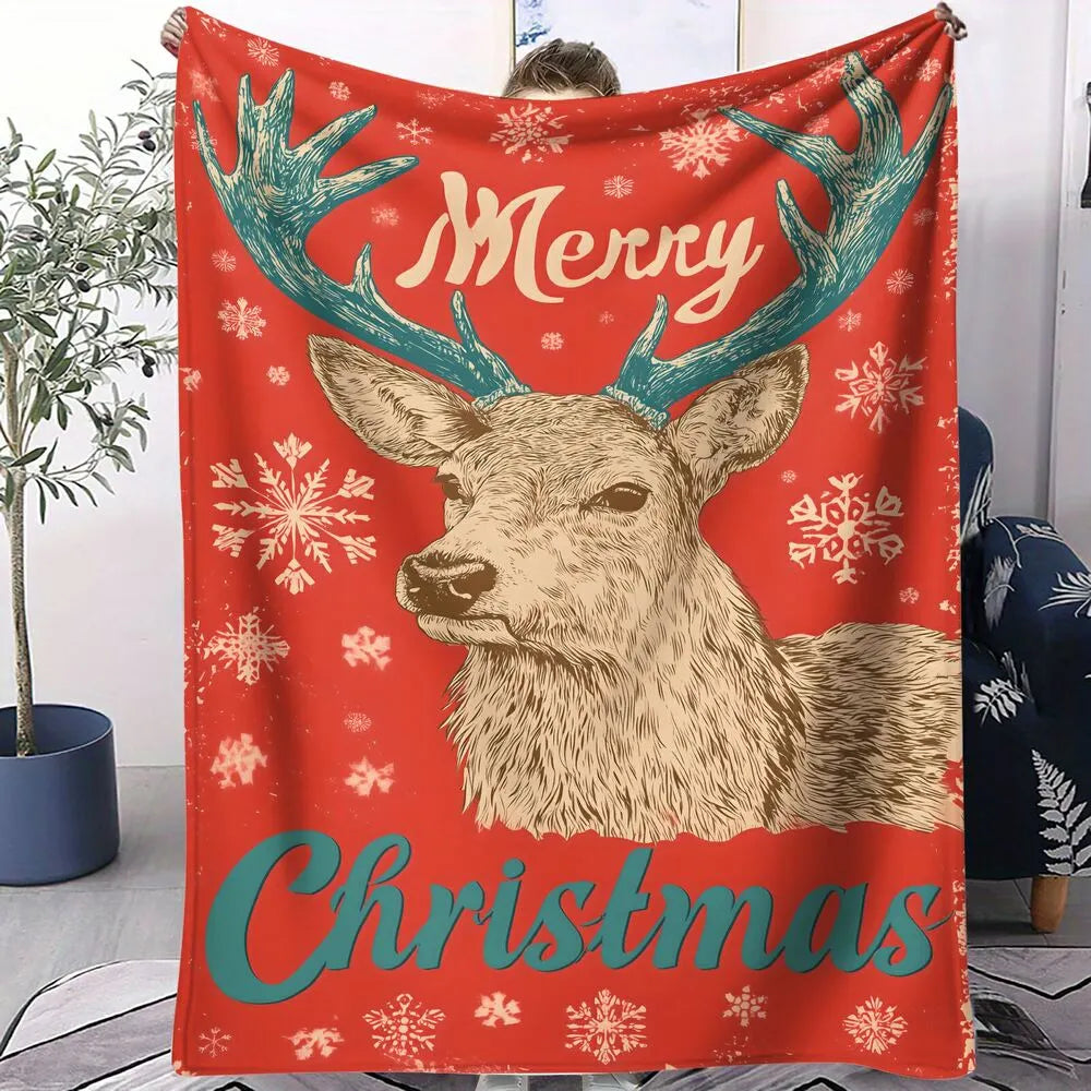 Festive Christmas Reindeer Merry Christmas Teal Red Pattern Multipurpose Throw Blanket（副本）