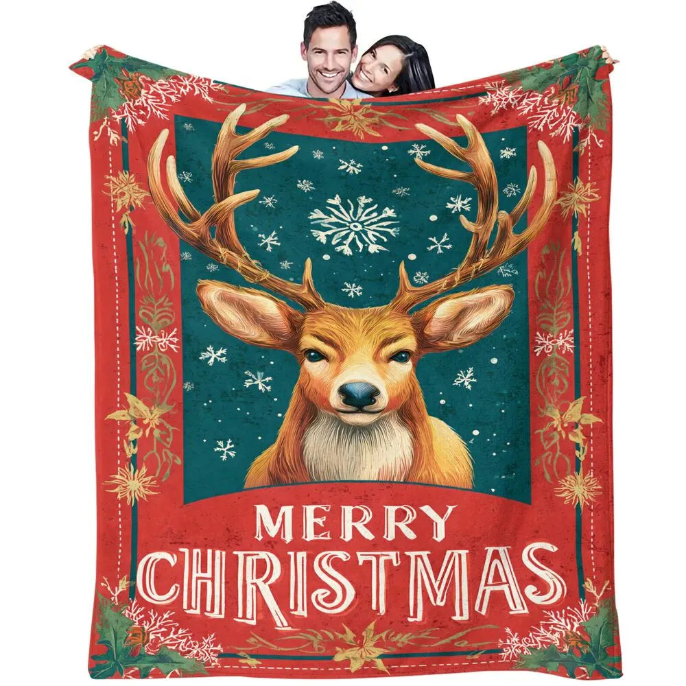 Festive Christmas Reindeer Merry Christmas Teal Red Pattern Multipurpose Throw Blanket