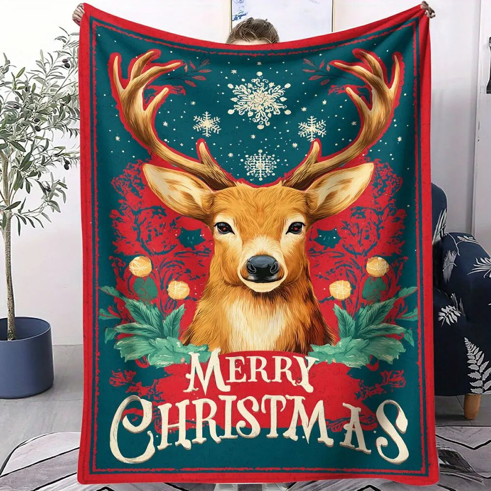 Festive Christmas Reindeer Merry Christmas Teal Red Pattern Multipurpose Throw Blanket