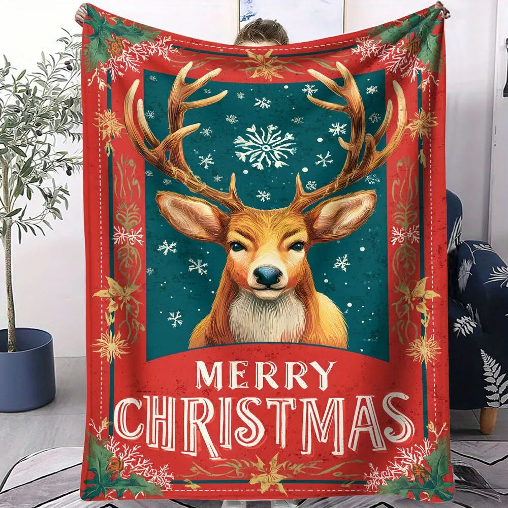 Festive Christmas Reindeer Merry Christmas Teal Red Pattern Multipurpose Throw Blanket