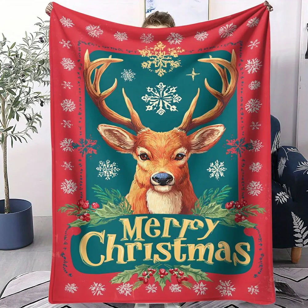 Festive Christmas Reindeer Merry Christmas Teal Red Pattern Multipurpose Throw Blanket