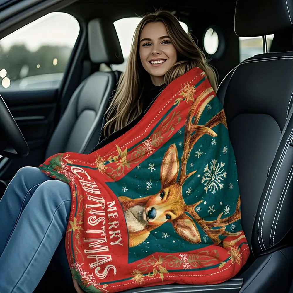 Festive Christmas Reindeer Merry Christmas Teal Red Pattern Multipurpose Throw Blanket