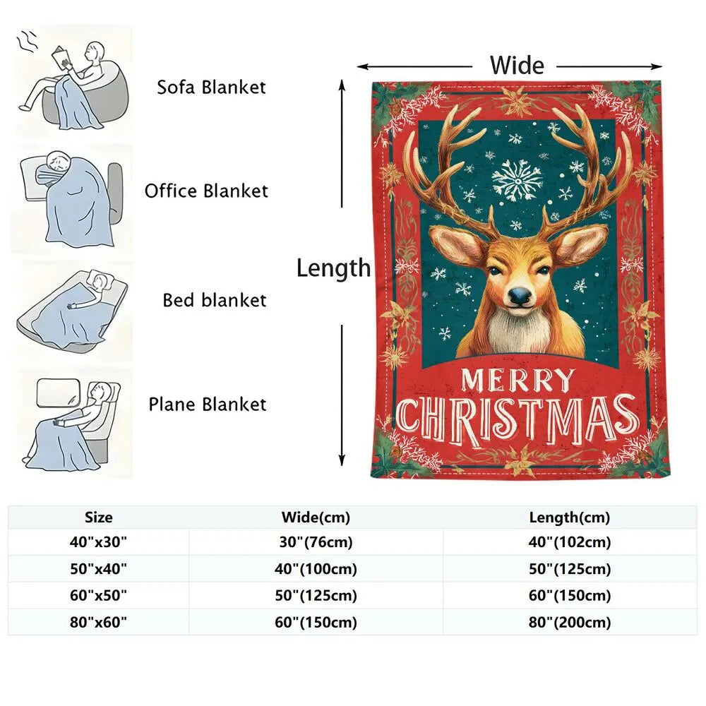 Festive Christmas Reindeer Merry Christmas Teal Red Pattern Multipurpose Throw Blanket