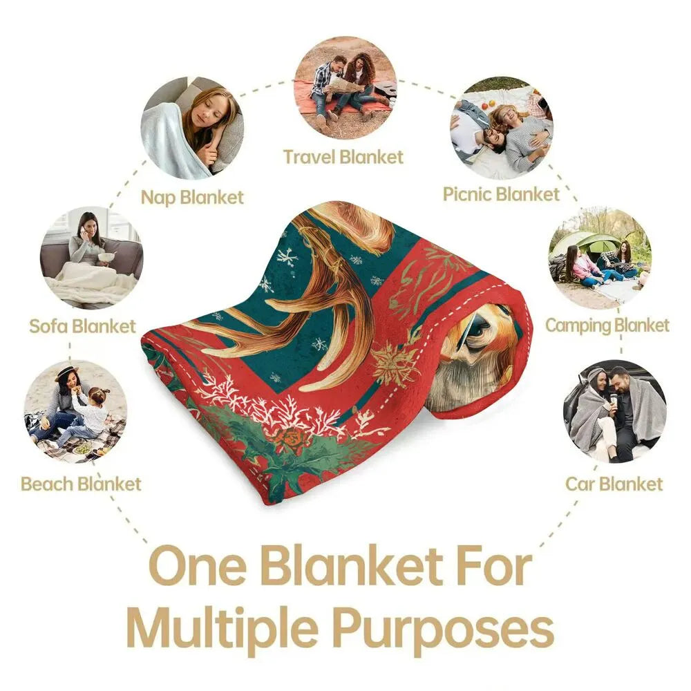 Festive Christmas Reindeer Merry Christmas Teal Red Pattern Multipurpose Throw Blanket