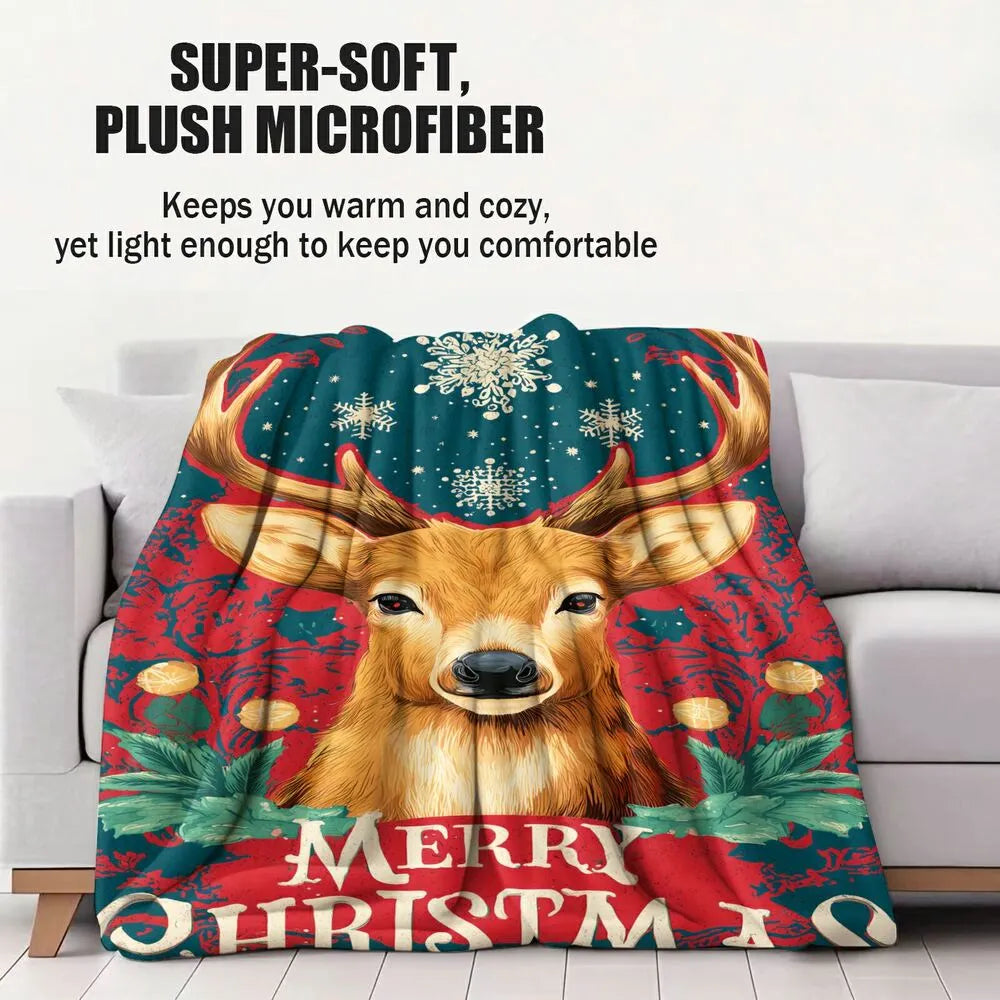 Festive Christmas Reindeer Merry Christmas Teal Red Pattern Multipurpose Throw Blanket