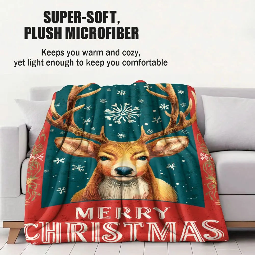 Festive Christmas Reindeer Merry Christmas Teal Red Pattern Multipurpose Throw Blanket