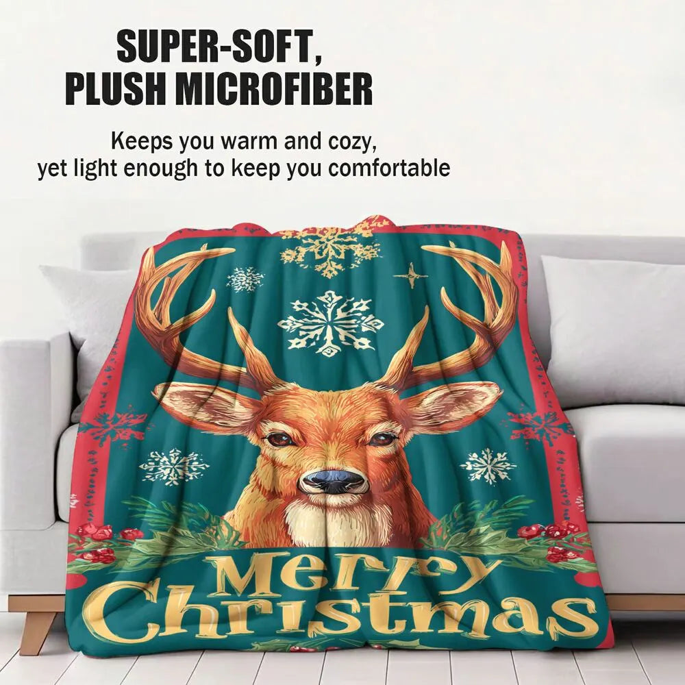 Festive Christmas Reindeer Merry Christmas Teal Red Pattern Multipurpose Throw Blanket