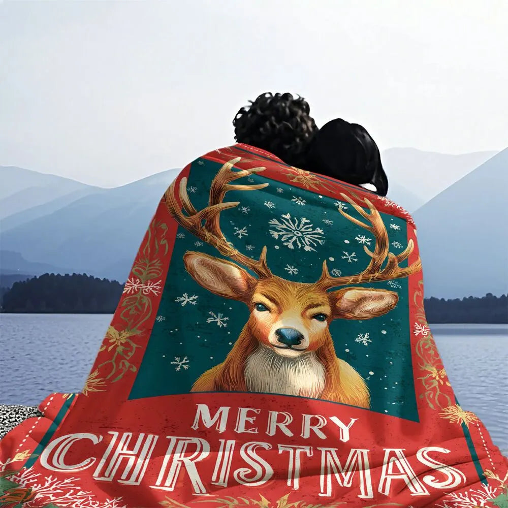 Festive Christmas Reindeer Merry Christmas Teal Red Pattern Multipurpose Throw Blanket