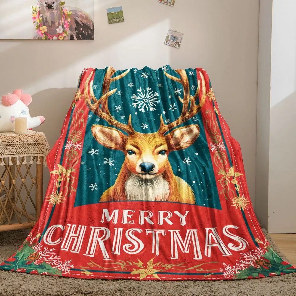 Festive Christmas Reindeer Merry Christmas Teal Red Pattern Multipurpose Throw Blanket
