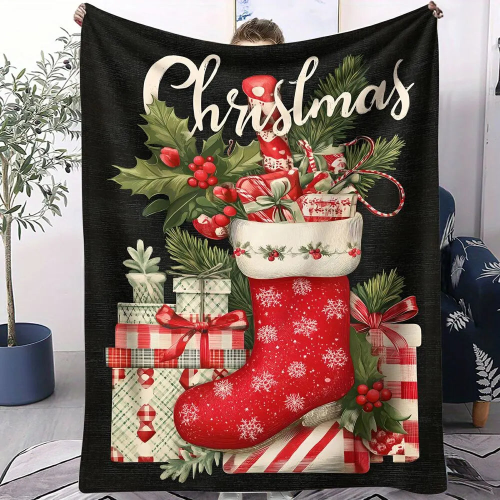 Festive Christmas Stocking Gift Holly Black Pattern Multipurpose Throw Blanket