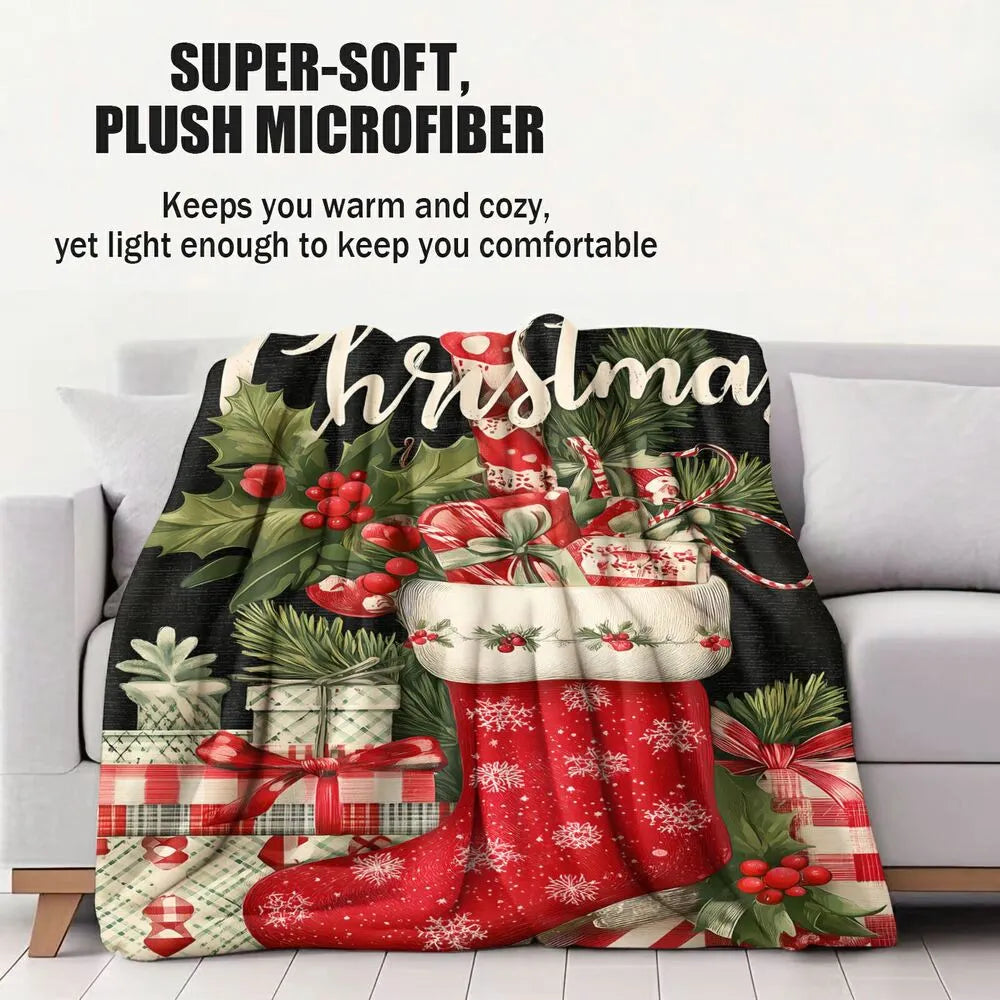 Festive Christmas Stocking Gift Holly Black Pattern Multipurpose Throw Blanket