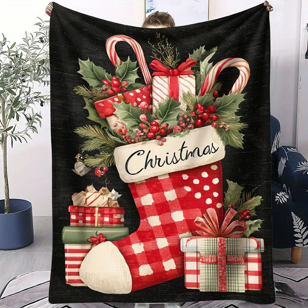 Festive Christmas Stocking Plaid Gift Black Pattern Multipurpose Throw Blanket