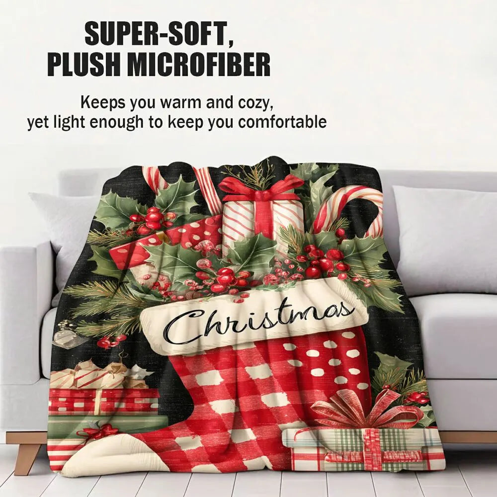 Festive Christmas Stocking Plaid Gift Black Pattern Multipurpose Throw Blanket