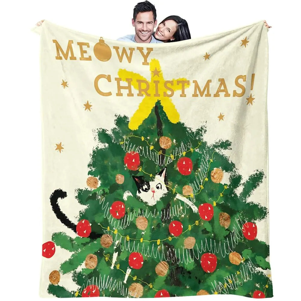 Festive Christmas Tree Cat Watercolor White Pattern Multipurpose Throw Blanket