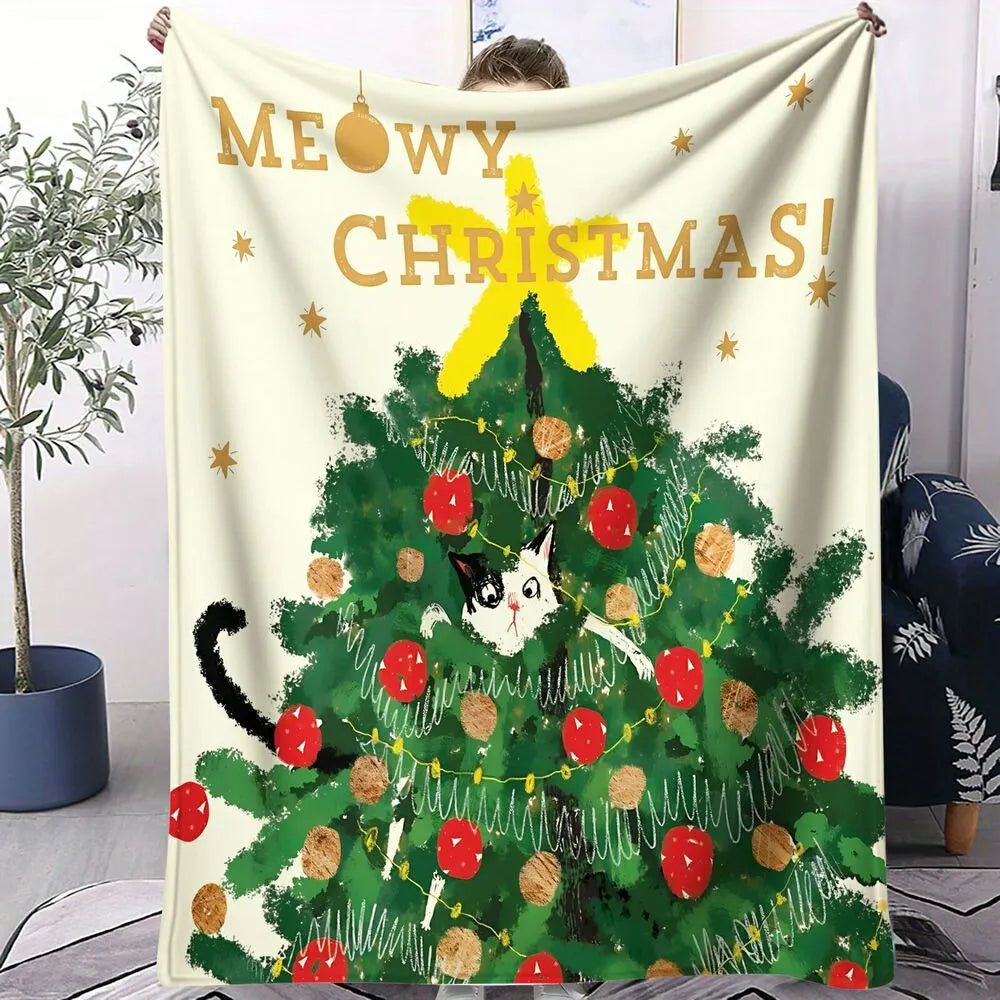 Festive Christmas Tree Cat Watercolor White Pattern Multipurpose Throw Blanket