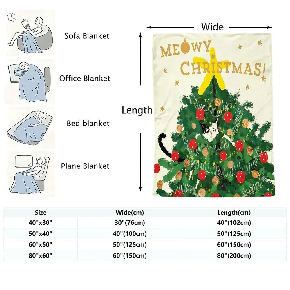 Festive Christmas Tree Cat Watercolor White Pattern Multipurpose Throw Blanket