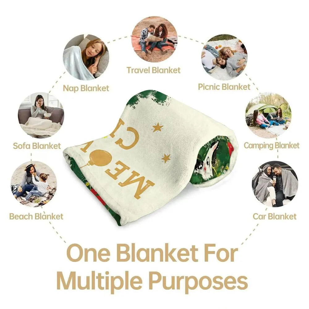 Festive Christmas Tree Cat Watercolor White Pattern Multipurpose Throw Blanket