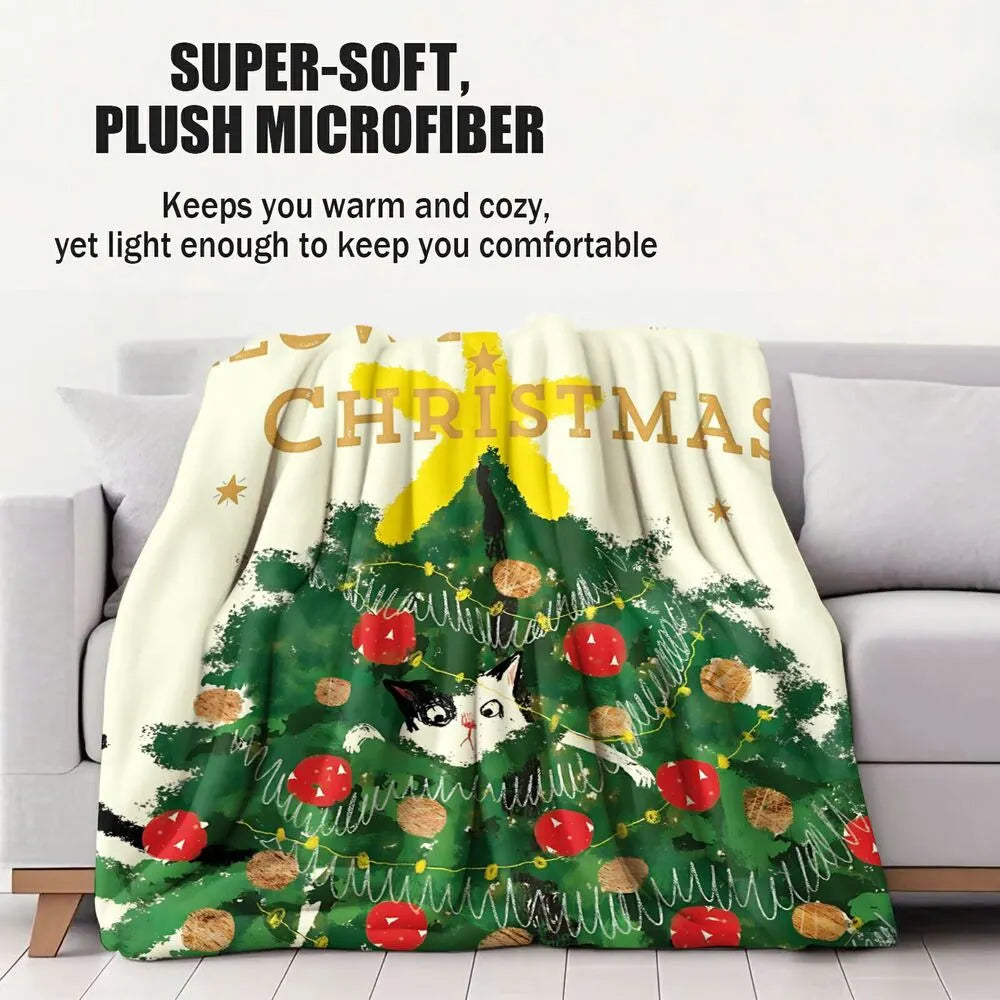 Festive Christmas Tree Cat Watercolor White Pattern Multipurpose Throw Blanket
