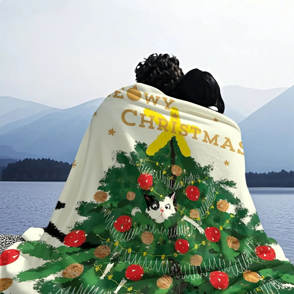 Festive Christmas Tree Cat Watercolor White Pattern Multipurpose Throw Blanket