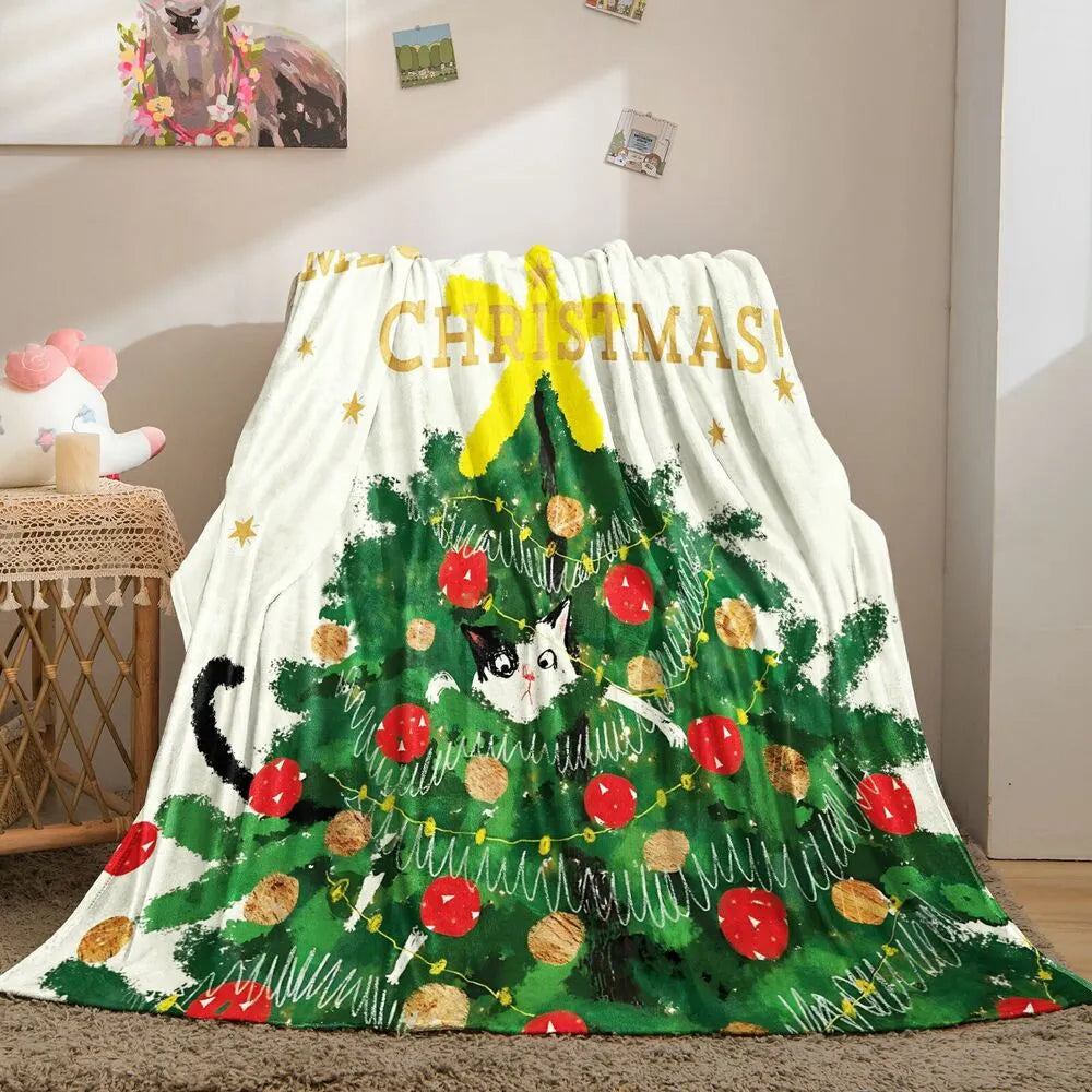 Festive Christmas Tree Cat Watercolor White Pattern Multipurpose Throw Blanket