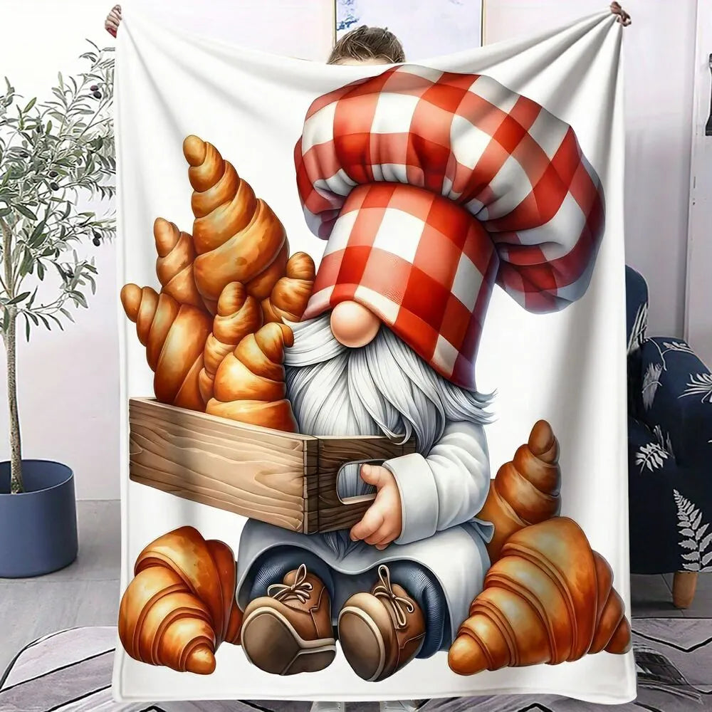Festive Croissant Gnome White Pattern Multipurpose Throw Blanket