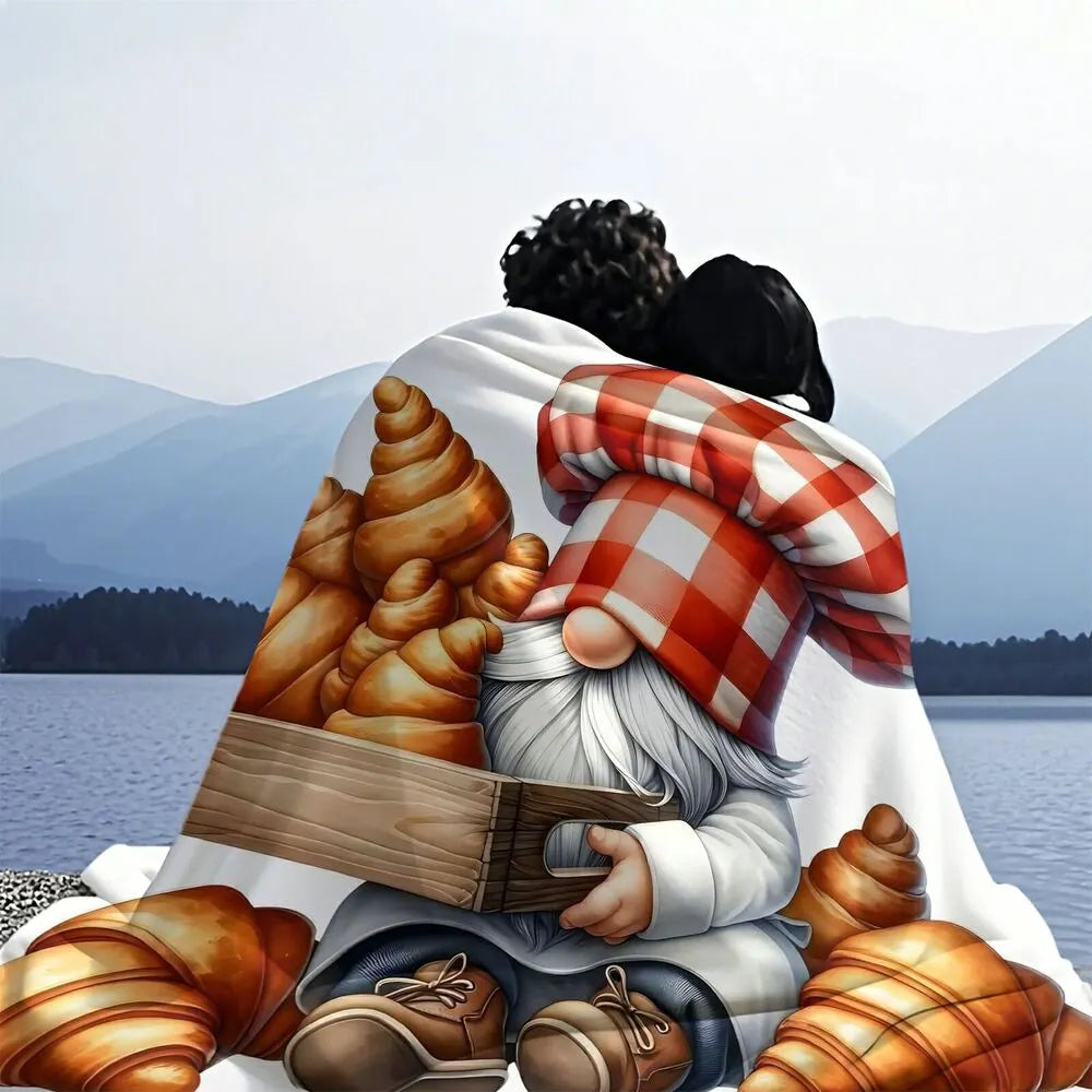 Festive Croissant Gnome White Pattern Multipurpose Throw Blanket