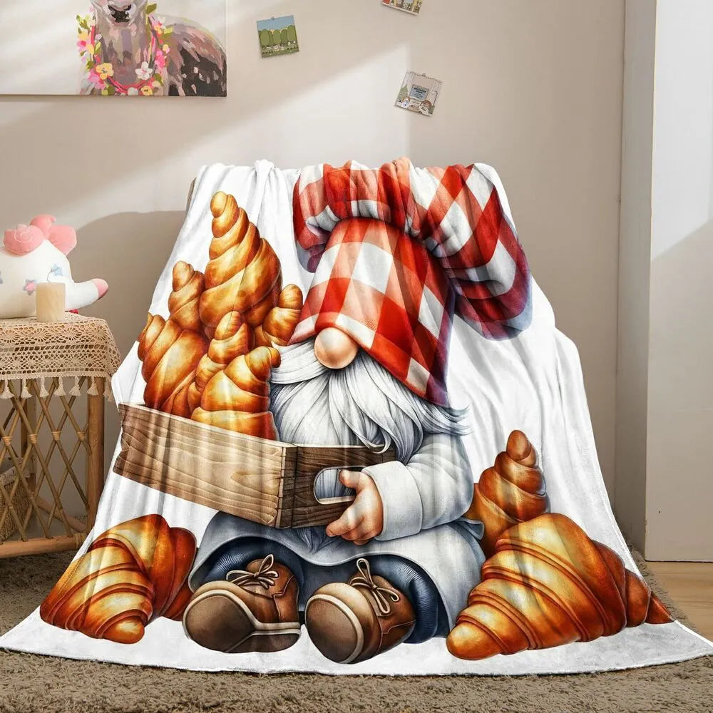 Festive Croissant Gnome White Pattern Multipurpose Throw Blanket